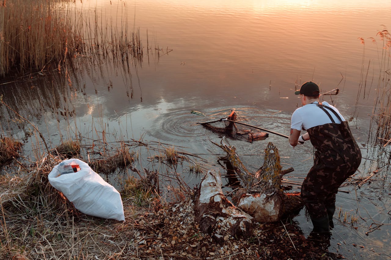 Home Man cleaning lake banks using a net, promoting environmental conservation.